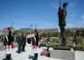 French President Emmanuel Macron attends the unveiling of the Alfred Dreyfus statue in Paris. - Thomas Samson/Pool Photo via AP