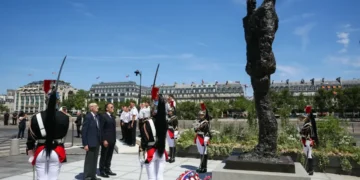 French President Emmanuel Macron attends the unveiling of the Alfred Dreyfus statue in Paris. - Thomas Samson/Pool Photo via AP