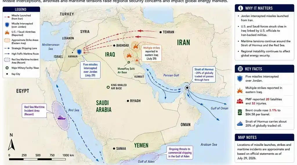 JournosNews regional map showing missile launches, interceptions, airstrikes, strategic shipping routes, and security hotspots across Iran, Iraq, Jordan, the Red Sea, and the Strait of Hormuz.