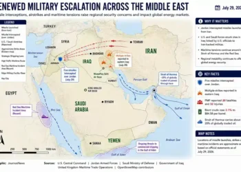JournosNews regional map showing missile launches, interceptions, airstrikes, strategic shipping routes, and security hotspots across Iran, Iraq, Jordan, the Red Sea, and the Strait of Hormuz.