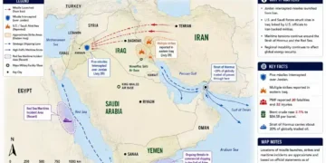 JournosNews regional map showing missile launches, interceptions, airstrikes, strategic shipping routes, and security hotspots across Iran, Iraq, Jordan, the Red Sea, and the Strait of Hormuz.