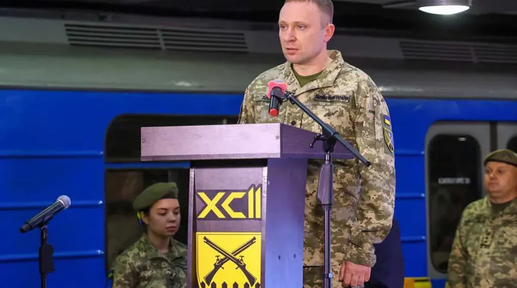 Ukrainian Major General Mykhailo Drapatyi speaks to soldiers of the 92nd Separate Assault Brigade during the unit's 25th anniversary ceremony.