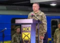 Ukrainian Major General Mykhailo Drapatyi speaks to soldiers of the 92nd Separate Assault Brigade during the unit's 25th anniversary ceremony.