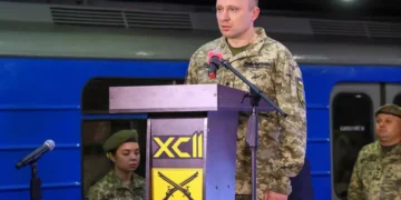 Ukrainian Major General Mykhailo Drapatyi speaks to soldiers of the 92nd Separate Assault Brigade during the unit's 25th anniversary ceremony.