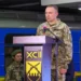 Ukrainian Major General Mykhailo Drapatyi speaks to soldiers of the 92nd Separate Assault Brigade during the unit's 25th anniversary ceremony.