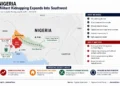 Editorial map showing the expansion of militant kidnappings into southwest Nigeria, highlighting Oyo State, Kwara State, and the reported forest transit route. – Image Graphic/JournosNews (File)