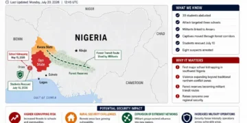Editorial map showing the expansion of militant kidnappings into southwest Nigeria, highlighting Oyo State, Kwara State, and the reported forest transit route. – Image Graphic/JournosNews (File)