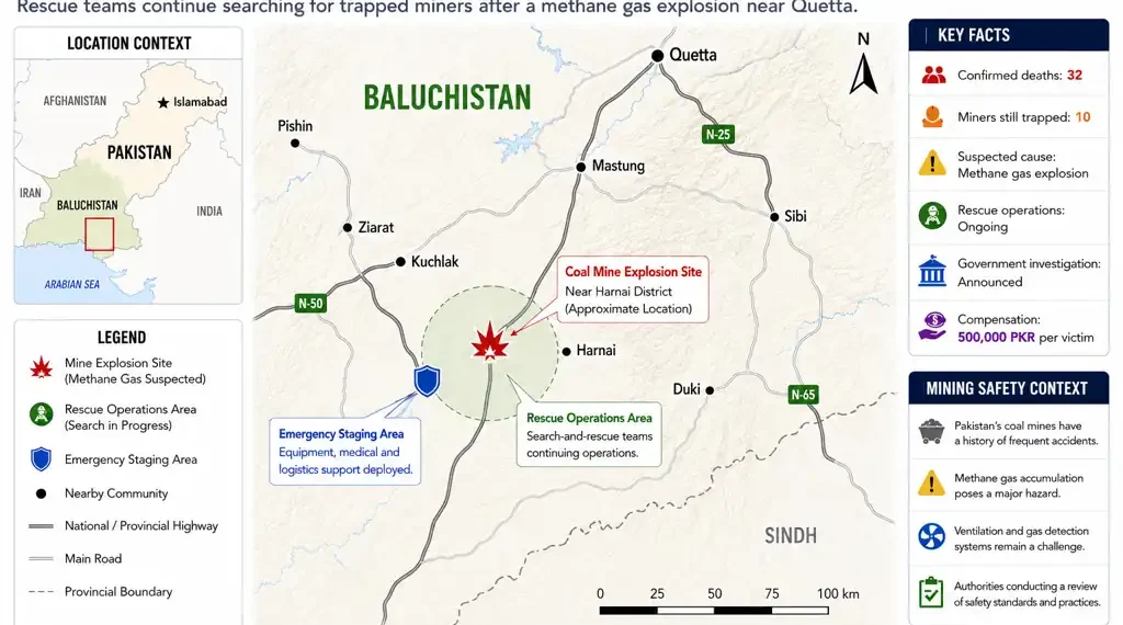 Locator map showing the approximate coal mine explosion site near Harnai in Pakistan's Baluchistan province, rescue operation areas, nearby communities, and key incident information.
