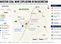 Locator map showing the approximate coal mine explosion site near Harnai in Pakistan's Baluchistan province, rescue operation areas, nearby communities, and key incident information.