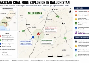 Locator map showing the approximate coal mine explosion site near Harnai in Pakistan's Baluchistan province, rescue operation areas, nearby communities, and key incident information.