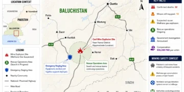Locator map showing the approximate coal mine explosion site near Harnai in Pakistan's Baluchistan province, rescue operation areas, nearby communities, and key incident information.