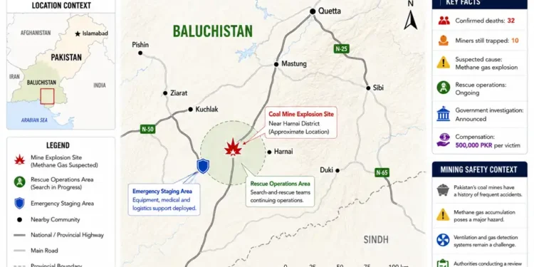 Locator map showing the approximate coal mine explosion site near Harnai in Pakistan's Baluchistan province, rescue operation areas, nearby communities, and key incident information.