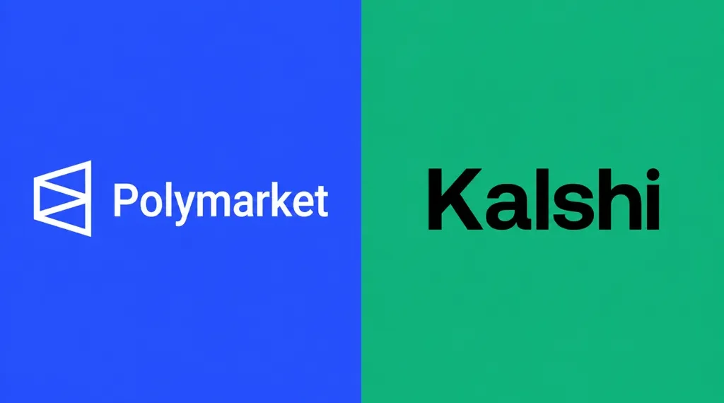 Mobile screenshot displaying the Polymarket and Kalshi app logos side by side on a smartphone screen.