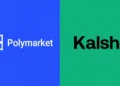 Mobile screenshot displaying the Polymarket and Kalshi app logos side by side on a smartphone screen.