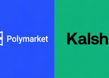 Mobile screenshot displaying the Polymarket and Kalshi app logos side by side on a smartphone screen.