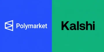 Mobile screenshot displaying the Polymarket and Kalshi app logos side by side on a smartphone screen.