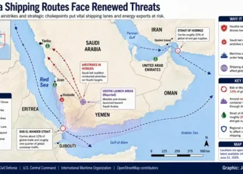 Map showing renewed security threats to Red Sea shipping routes, highlighting Houthi launch areas, airstrikes, maritime chokepoints, and major shipping lanes.