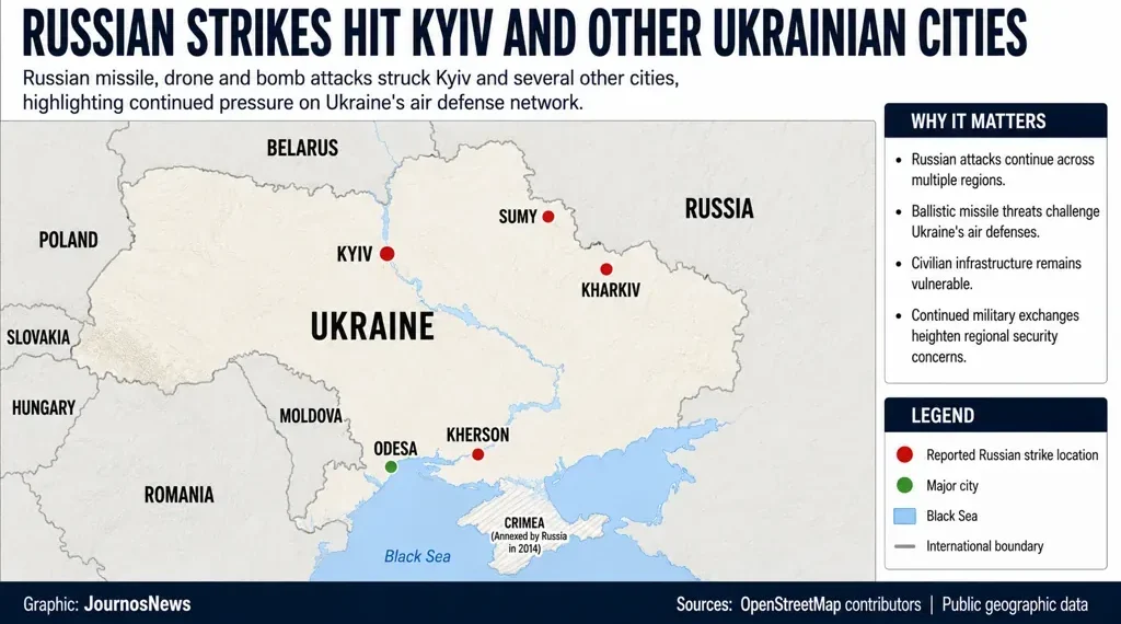 Editorial map showing reported Russian strike locations across Ukraine, including Kyiv and other affected cities. – Image Graphic/JournosNews (File)