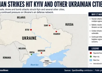 Editorial map showing reported Russian strike locations across Ukraine, including Kyiv and other affected cities. – Image Graphic/JournosNews (File)