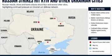 Editorial map showing reported Russian strike locations across Ukraine, including Kyiv and other affected cities. – Image Graphic/JournosNews (File)