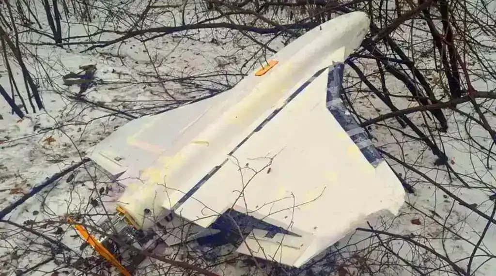 A Russian Gerbera drone displayed after being downed by Ukrainian border guards in Ukraine's Sumy region during a reported drone attack.