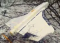 A Russian Gerbera drone displayed after being downed by Ukrainian border guards in Ukraine's Sumy region during a reported drone attack.