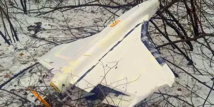 A Russian Gerbera drone displayed after being downed by Ukrainian border guards in Ukraine's Sumy region during a reported drone attack.