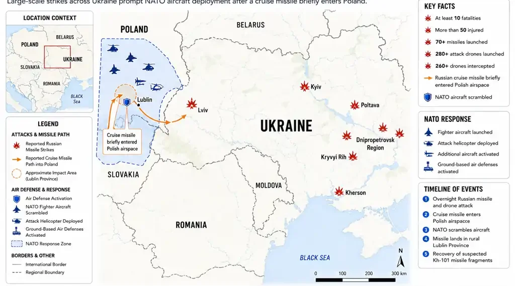 Regional conflict map showing Russian missile strikes across Ukraine, the reported missile path into Polish airspace, NATO response activities, and affected locations as of July 29, 2026.