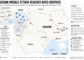 Regional conflict map showing Russian missile strikes across Ukraine, the reported missile path into Polish airspace, NATO response activities, and affected locations as of July 29, 2026.