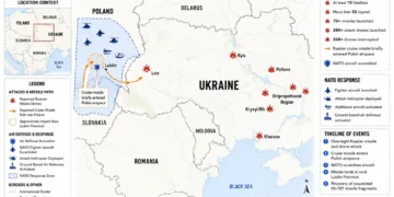Regional conflict map showing Russian missile strikes across Ukraine, the reported missile path into Polish airspace, NATO response activities, and affected locations as of July 29, 2026.