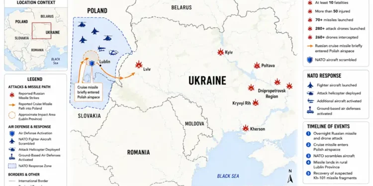 Regional conflict map showing Russian missile strikes across Ukraine, the reported missile path into Polish airspace, NATO response activities, and affected locations as of July 29, 2026.