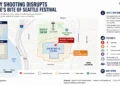 Map showing the shooting location at Seattle's Bite of Seattle festival, highlighting the festival grounds, evacuation area, and surrounding landmarks.