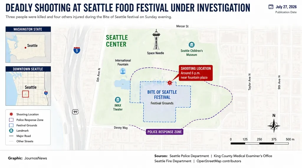 Map showing the shooting location at Seattle's Bite of Seattle festival, highlighting the festival grounds, police response zone, and surrounding landmarks in Seattle Center.