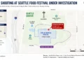 Map showing the shooting location at Seattle's Bite of Seattle festival, highlighting the festival grounds, police response zone, and surrounding landmarks in Seattle Center.