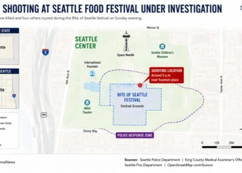 Map showing the shooting location at Seattle's Bite of Seattle festival, highlighting the festival grounds, police response zone, and surrounding landmarks in Seattle Center.