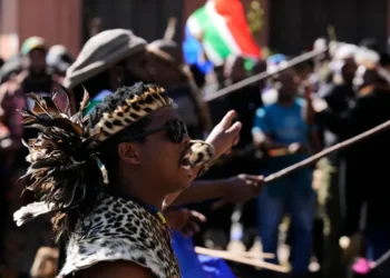 Demonstrators march during anti-immigration protests in Johannesburg - AP Photos/Themba Hadebe
