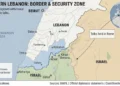 Editorial map showing southern Lebanon, northern Israel, the Blue Line, and the location of diplomatic talks held in Rome.