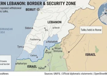Editorial map showing southern Lebanon, northern Israel, the Blue Line, and the location of diplomatic talks held in Rome.