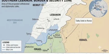 Editorial map showing southern Lebanon, northern Israel, the Blue Line, and the location of diplomatic talks held in Rome.