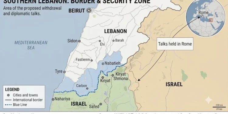 Editorial map showing southern Lebanon, northern Israel, the Blue Line, and the location of diplomatic talks held in Rome.