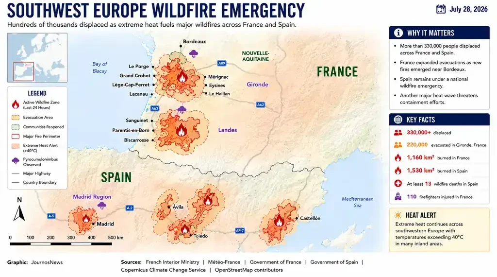 Editorial map showing major wildfire zones across southwestern Europe, including affected areas in France and Spain, evacuation regions, and extreme heat alerts.
