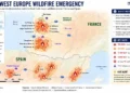 Editorial map showing major wildfire zones across southwestern Europe, including affected areas in France and Spain, evacuation regions, and extreme heat alerts.