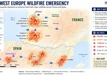 Editorial map showing major wildfire zones across southwestern Europe, including affected areas in France and Spain, evacuation regions, and extreme heat alerts.