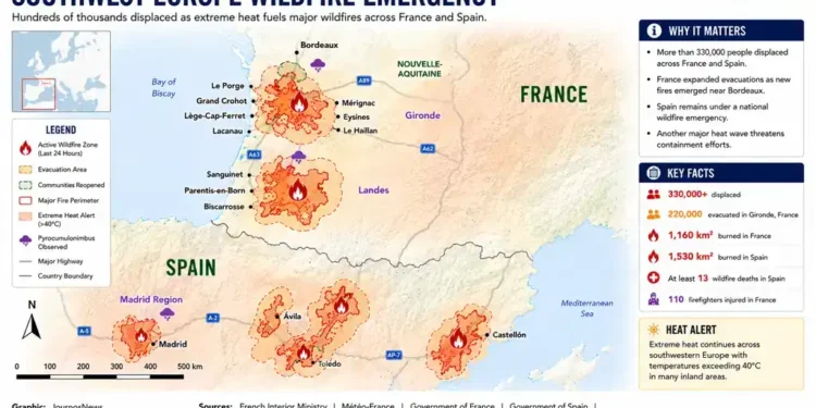 Editorial map showing major wildfire zones across southwestern Europe, including affected areas in France and Spain, evacuation regions, and extreme heat alerts.