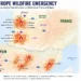 Editorial map showing major wildfire zones across southwestern Europe, including affected areas in France and Spain, evacuation regions, and extreme heat alerts.