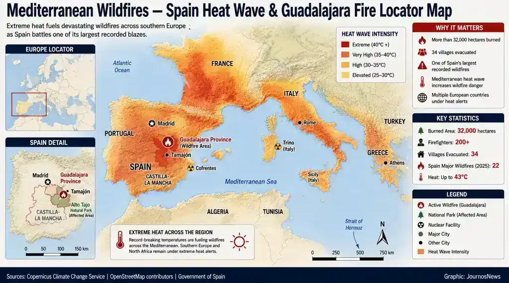 Locator map showing the Guadalajara wildfire in central Spain and extreme heat conditions affecting southern Europe across the Mediterranean region.
