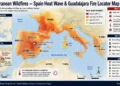 Locator map showing the Guadalajara wildfire in central Spain and extreme heat conditions affecting southern Europe across the Mediterranean region.