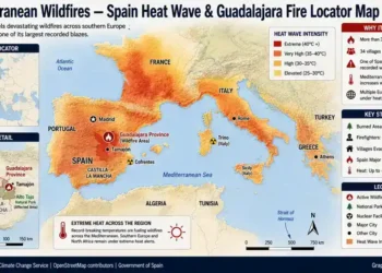 Locator map showing the Guadalajara wildfire in central Spain and extreme heat conditions affecting southern Europe across the Mediterranean region.