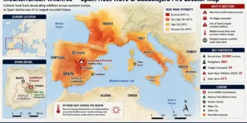 Locator map showing the Guadalajara wildfire in central Spain and extreme heat conditions affecting southern Europe across the Mediterranean region.