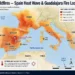 Locator map showing the Guadalajara wildfire in central Spain and extreme heat conditions affecting southern Europe across the Mediterranean region.